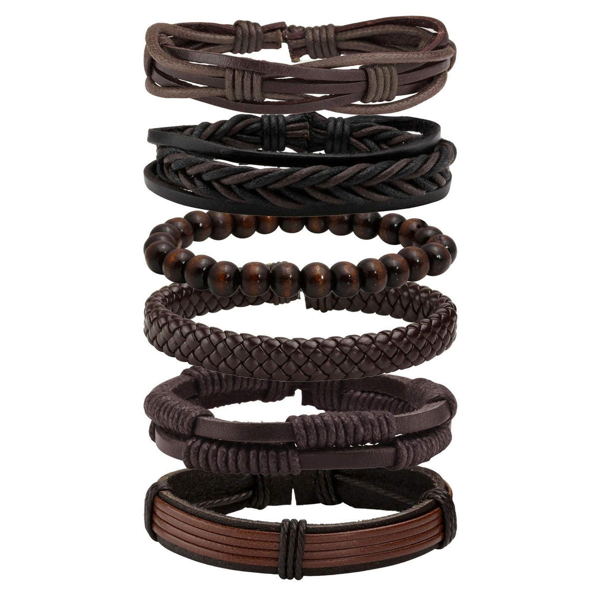 MILAKOO 6 Pcs Brown Braided Leather Bracelets for Men Women Cuff Wrap Wristbands