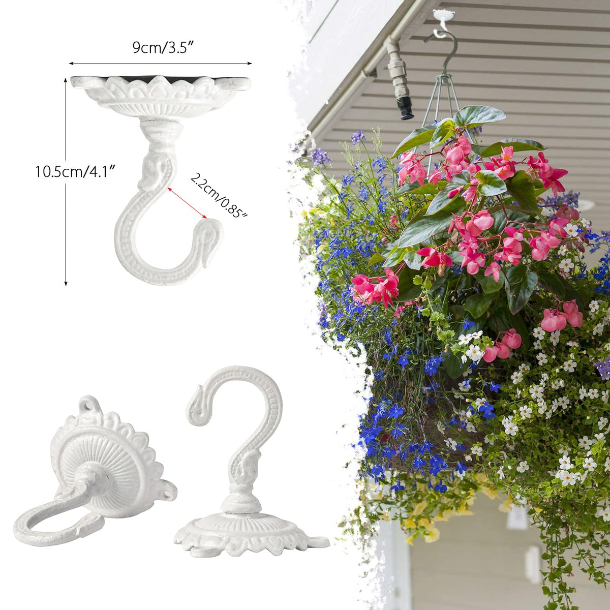 Sungmor Heavy Duty Ceiling Hooks for Hanging Plants, 2PC White 3.5x3.9Inch Large Cast Iron Ceiling Hooks, Antique Decorative Ceiling Swag Hooks for Hanging Planter Chandelier Wind Chime Lantern Hanger