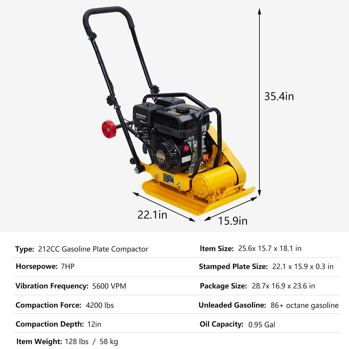 GarveeHome 7HP Plate Compactor Rammer, 212CC Gas Engine, 4200lbs Vibratory Compaction Tamper, 22.1x15.9 in Plate Force Rammer, 5600 VPM Pavement Compactor, Jumping Jack Tamper for Walkways, Paving