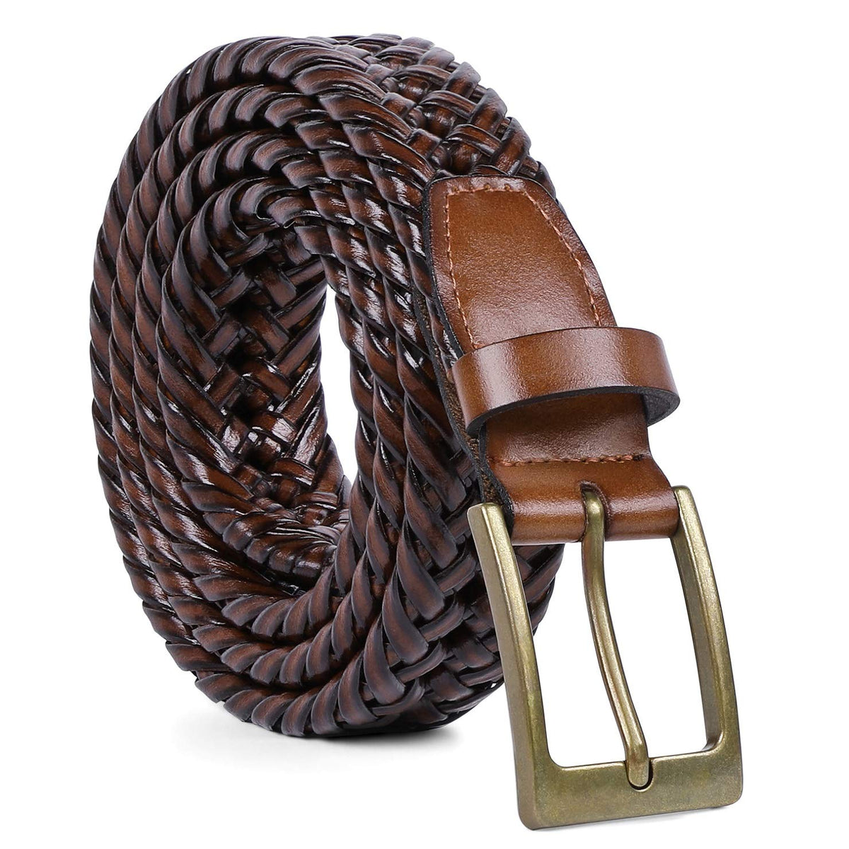 JASGOOD Men's Braided Leather Belt, Braided Woven Belt for Men Casual Jeans with Solid Strap Single Prong Buckle (B-Brown,Suit for Pant Size 32-37 inch)