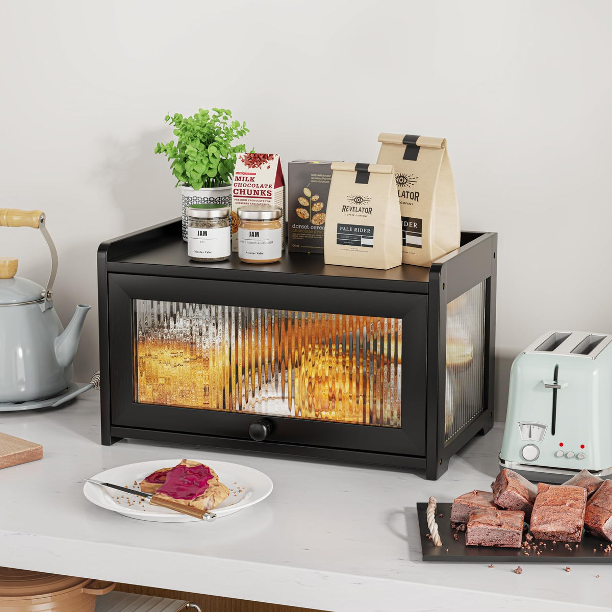 BAMBANG Bamboo Bread Box for Kitchen Countertop, Extra Large Farmhouse Bread Box with 4-Side Clear Panels, Wooden Bread Storage Container for Homemade Bread, Black