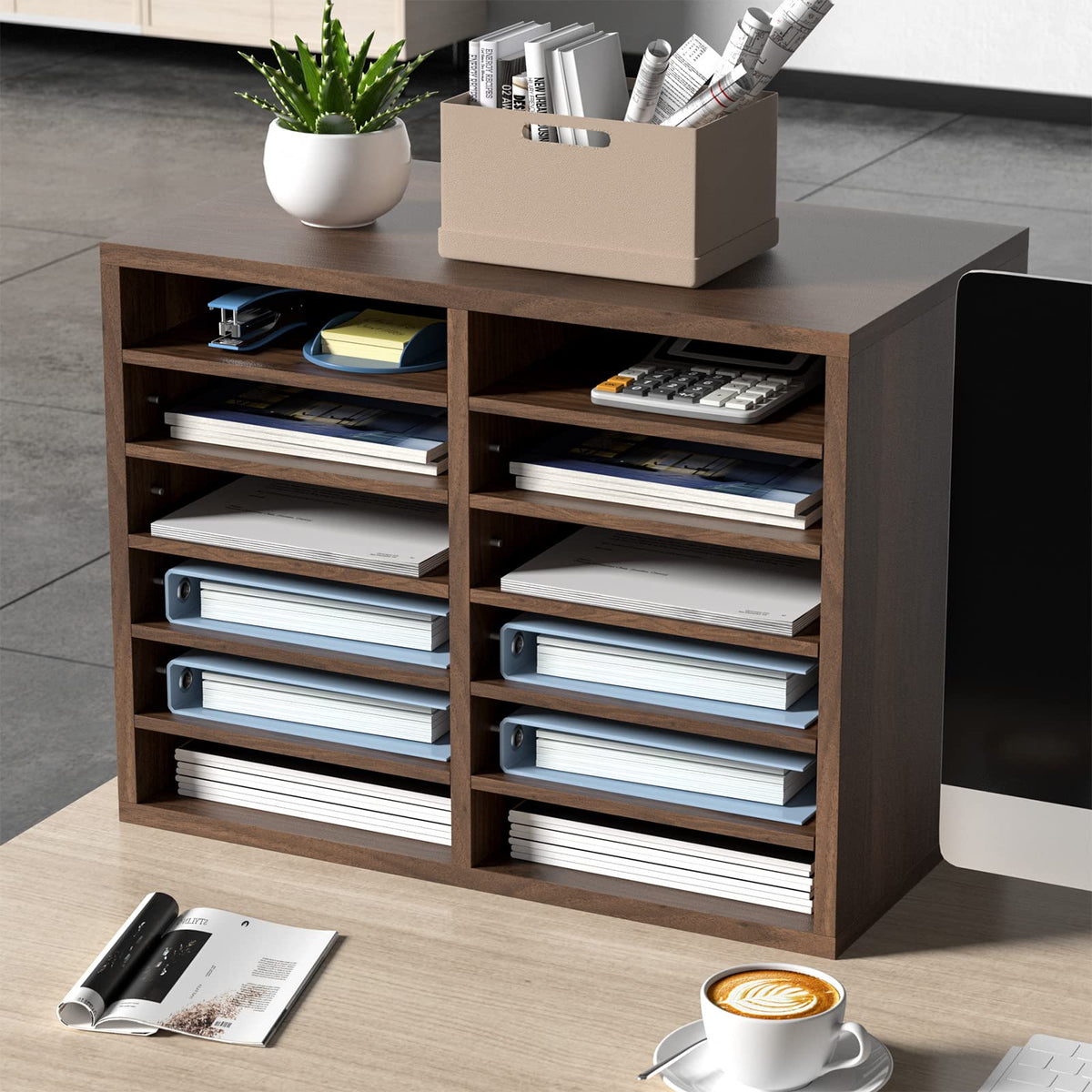 VEVOR Literature Organizers, 12 Compartments Office Mailbox with Adjustable Shelves, Wood Literature Sorter 20.4x12x16.1 inches for Office, Home, Classroom, Mailrooms Organization, EPA Certified Brown