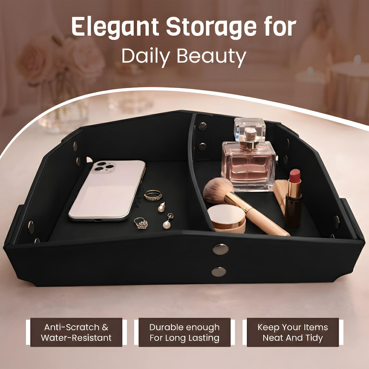 CAVIANA Valet Tray Organizer for Men & Women - PU Leather Catch All Tray with Removable Divider - EDC Storage for Keys, Watch, Phone - Nightstand, Dresser & Desk Organizer - Obsidian Black