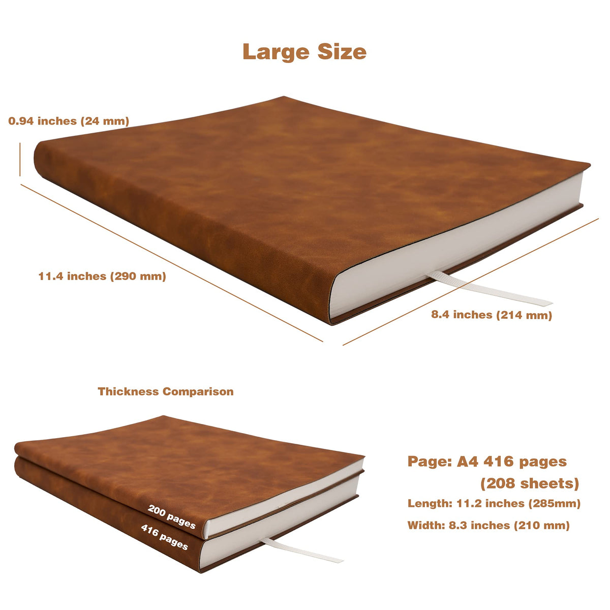 BenOpinion Large Thick Journal Notebook, Lined Papers, A4 8.4x11.4 inches, 416 Pages, Soft Faux Leather Cover (Brown, Ruled)