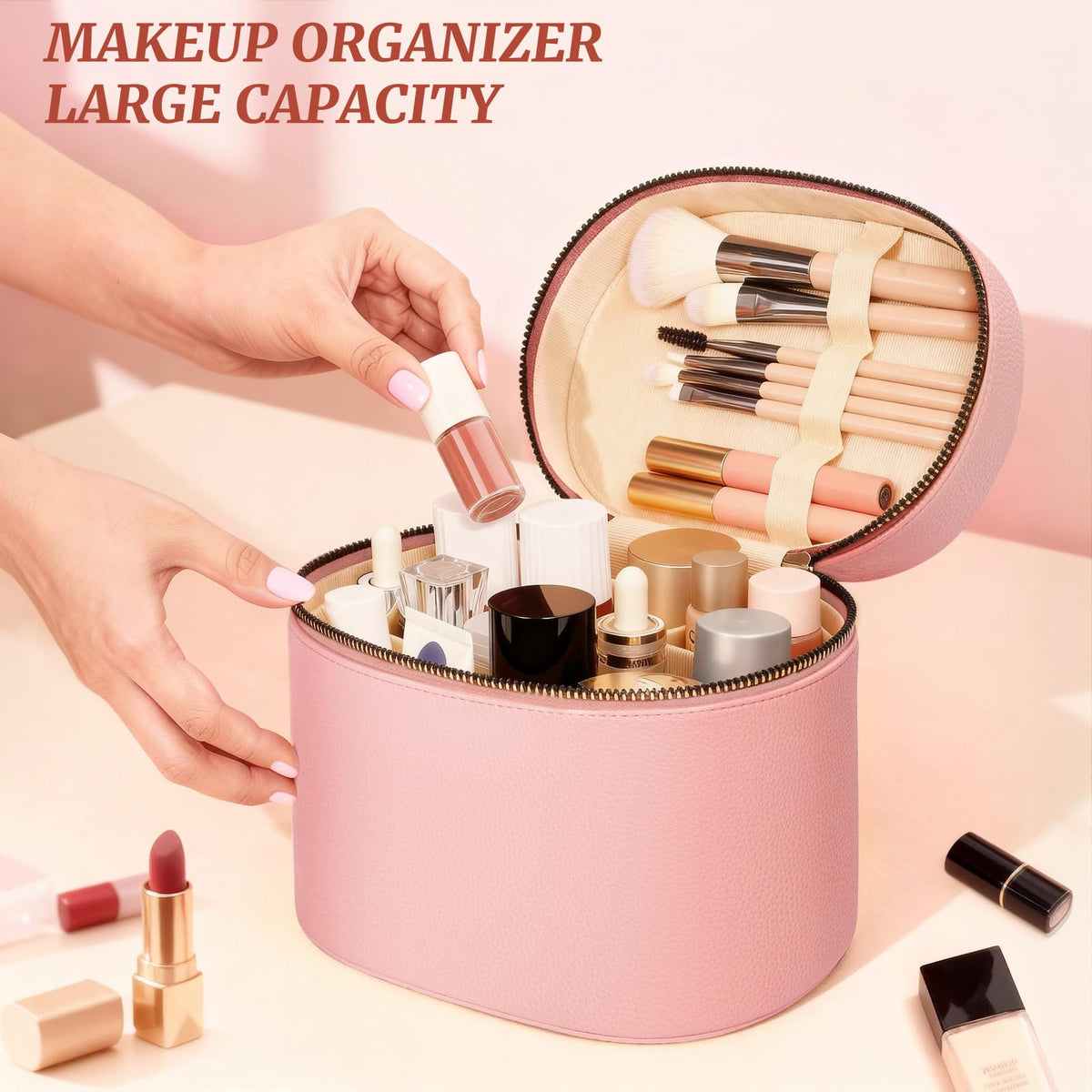 MaqSacion Makeup Bag Vanity Case for Women Leather Cosmetic Bag Makeup Organizer Case Portable Travel Toiletry Bag With Removable Compartments and Handle - Pink