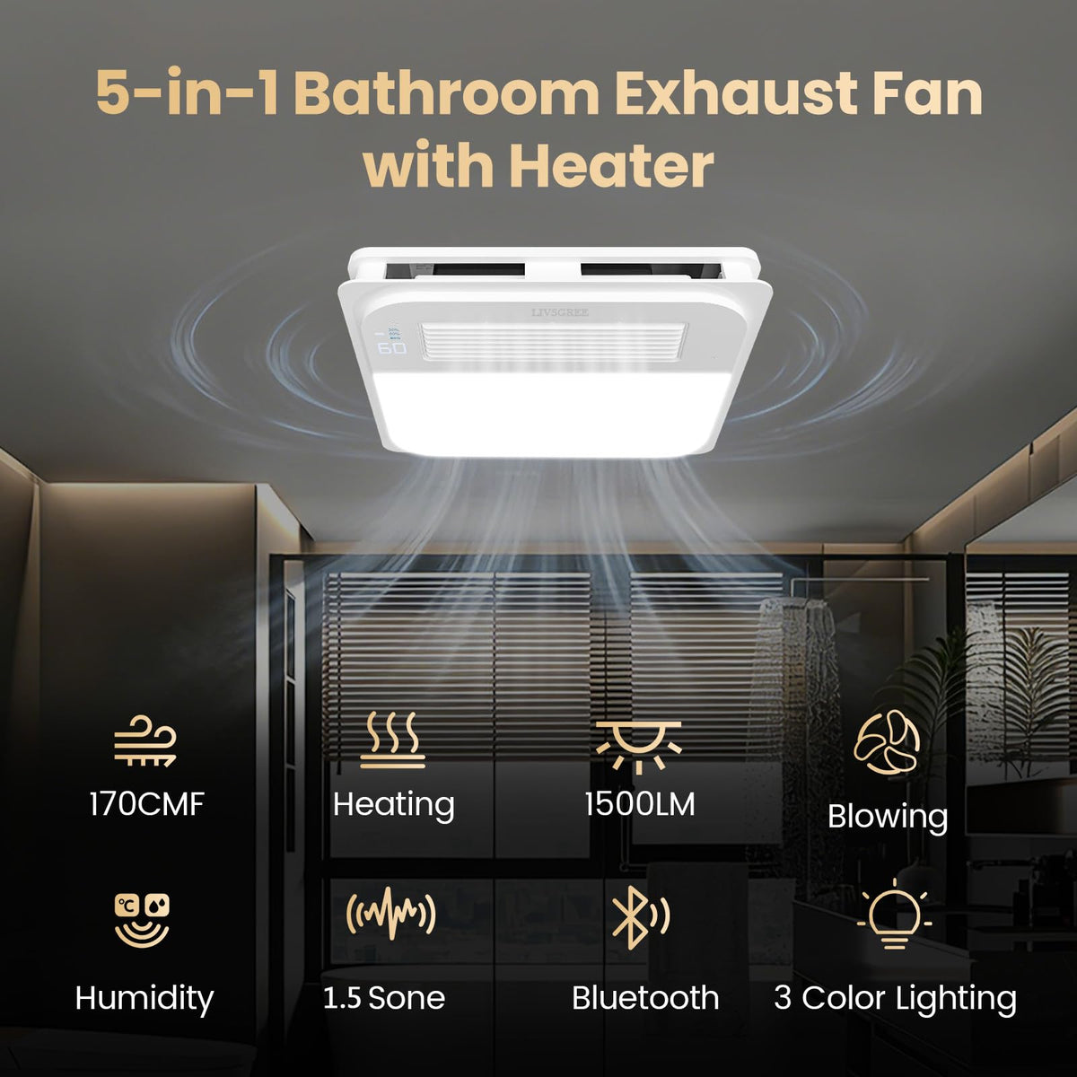 LIVSGREE 5-IN-1 Bathroom Exhaust Fan with Heater 1600W & 3CCT LED Light & Humidity Sensor, & Bluetooth Speaker, 170 CFM, 6-RGB, 1.5 Sone Quiet Ceiling Bath Fan With Remote Control for Bathroom Heating