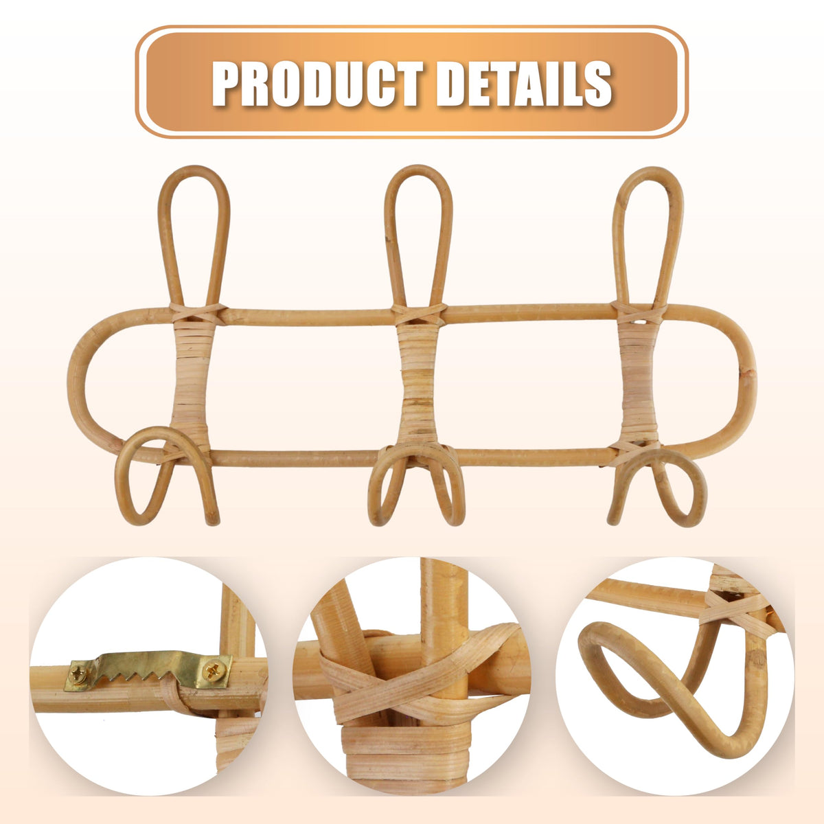 KH866 Boho Rattan Wall Hooks – Handmade Wall Mount Coat & Towel Rack, Natural Beige Hanging Organizer for Clothes, Hats, Towels, and Bags, Perfect for Entryway, Bedroom, Living Room (15.7x7.9 Inch)