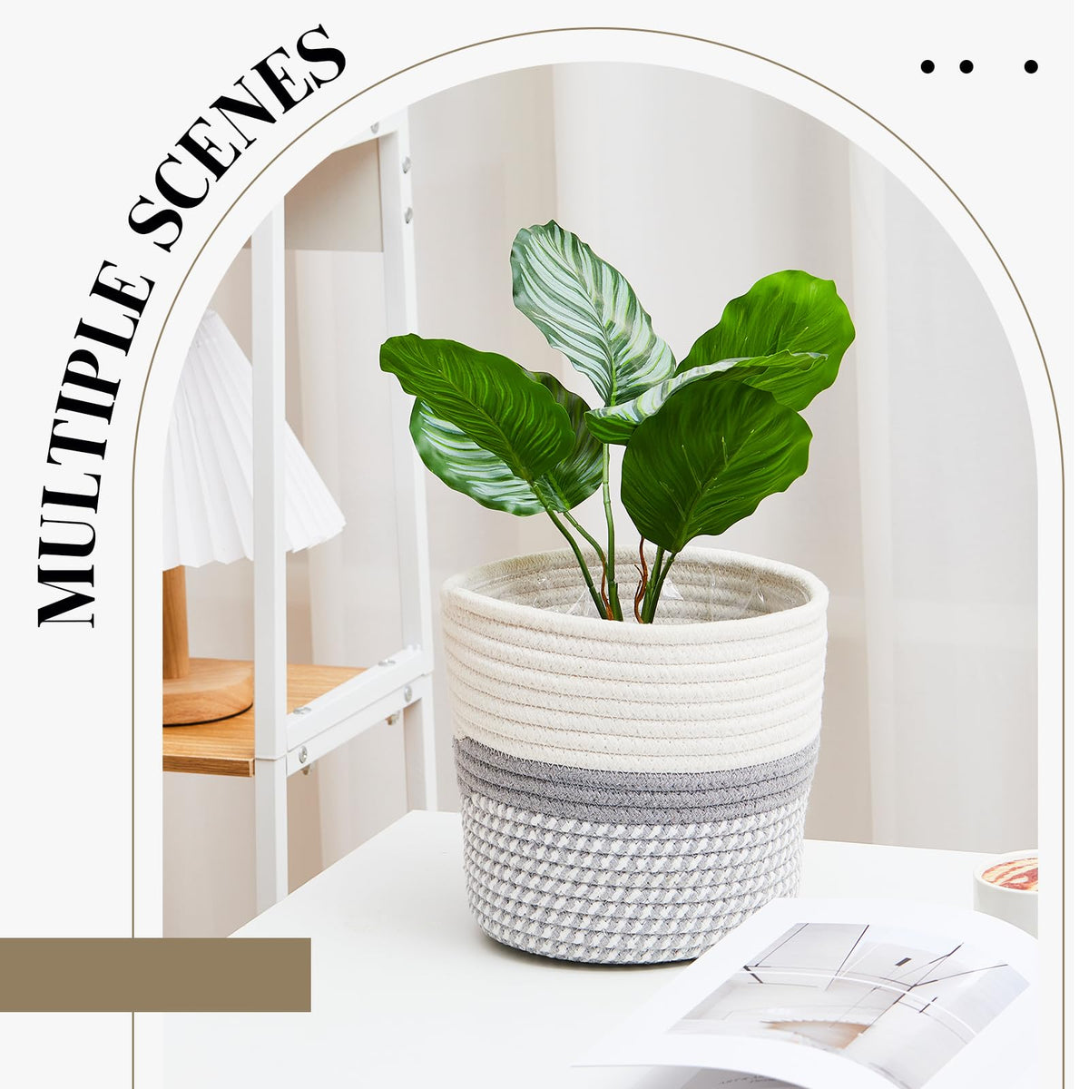 FoldTier 3 Pcs Cotton Rope Plant Basket with Plastic Liner Rustic Plant Basket Planters Modern Woven Decorative Pots for Home Flower Indoor Storage Decor, 7.5 x 6.5 Inches(White, Gray)