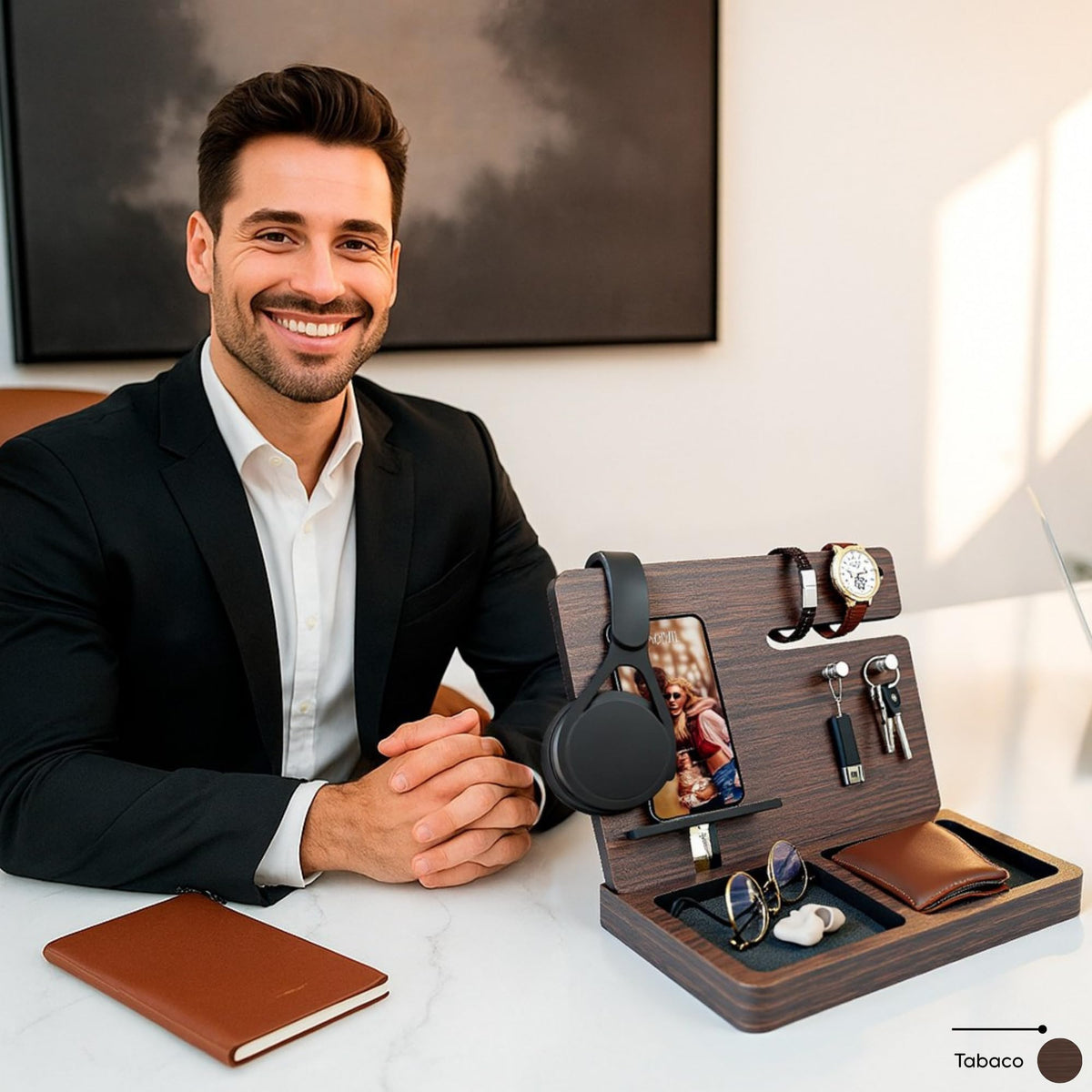 Namore Nightstand Organizer for Men – Wood Phone Docking Station & Bedside Valet Tray Organizer for Wallet, Watch & Keys – Unique Gifts for Men, Husband, Dad