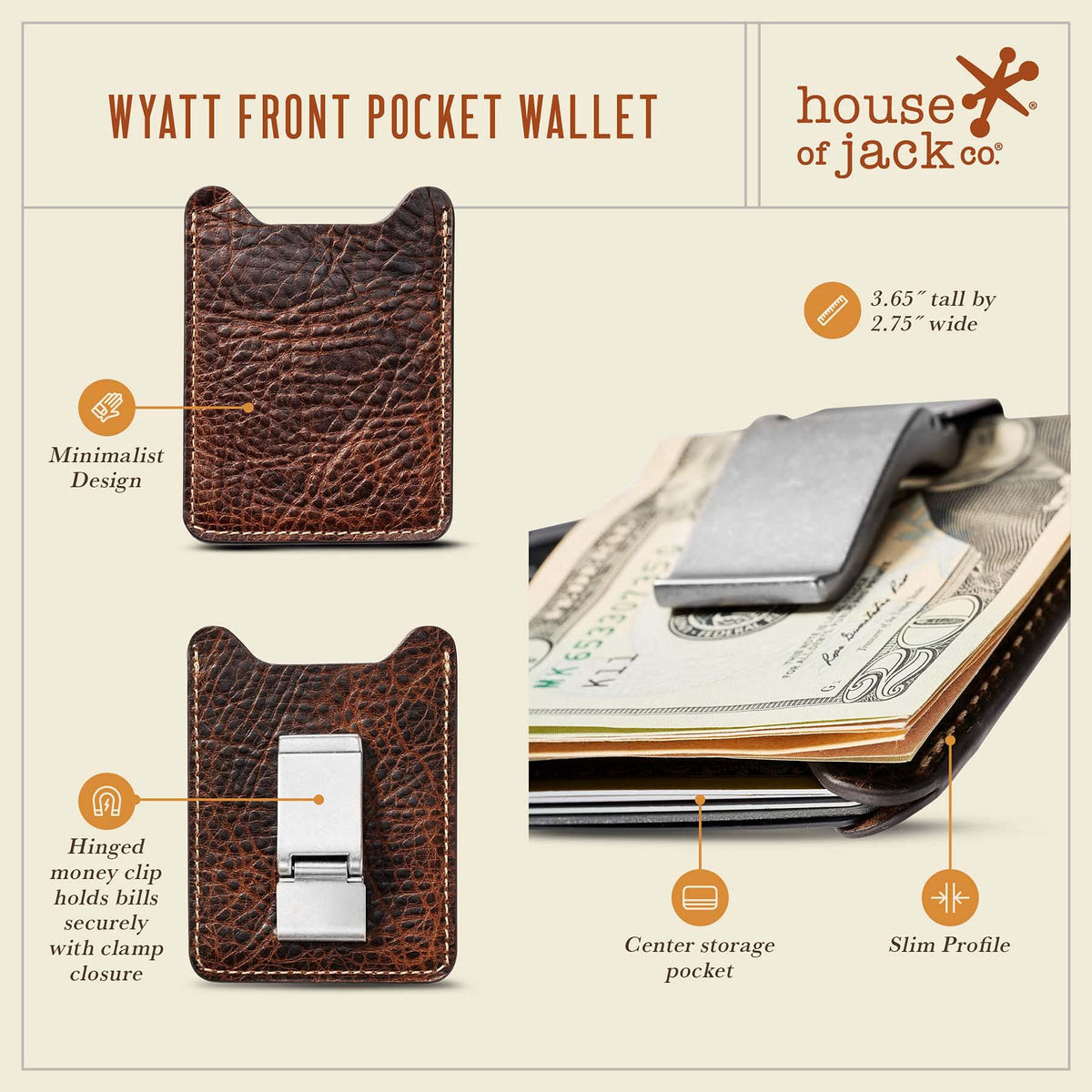 House of Jack Co. Wyatt Money Clip Wallet for Men, Slim Front Pocket Leather Card Holder, Ideal Gift For Men, Minimalist Full Grain Cowhide Wallet, Brown