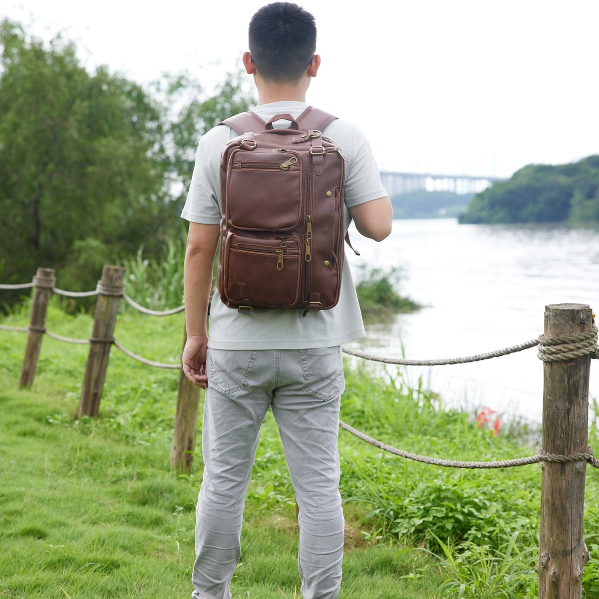 Baosha Leather Laptop Briefcase Backpack Hybrid Large 17 inch Laptop bag Travel Carry on Backpack Vintage for Men HB-22 (Brown)