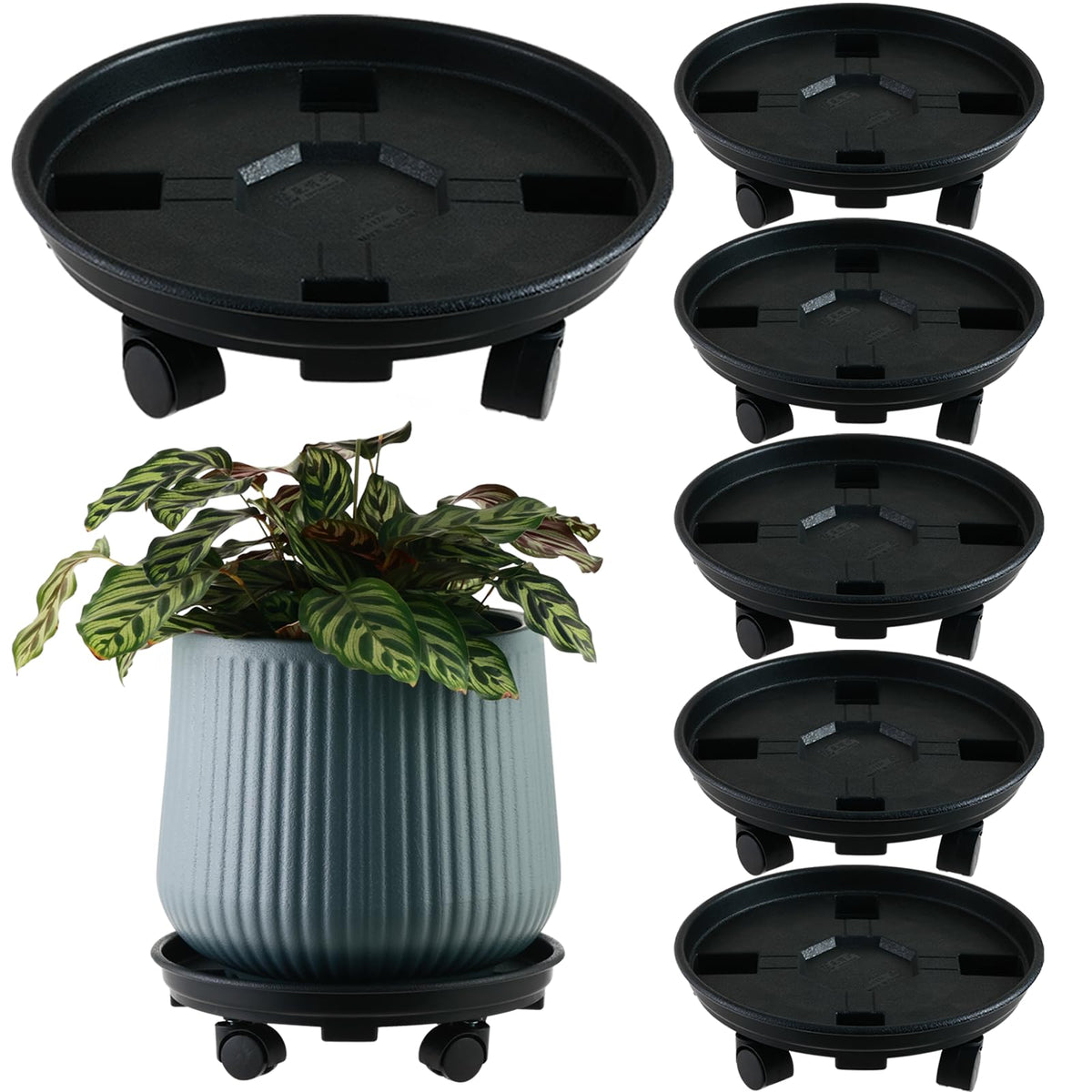 6 Packs 10.6 Inches Small Plant Caddy with Wheels Plant Saucers on Wheels Rolling Plant Stands Heavy-duty Plant Dolly Plastic Planter Roller Base Pot Movers Outdoor Plant Tray Coaster, Black