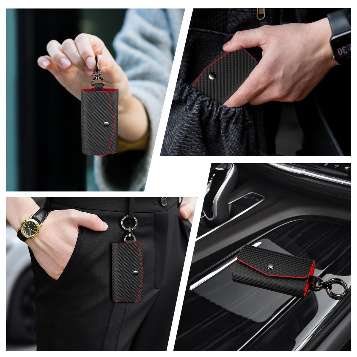 Leather Keychain Wallets Portable Key Holders Pouch Multiple Key Organizer, Key Holder with 6 Hooks for Men or Women,Carbon Fiber Pattern,Red
