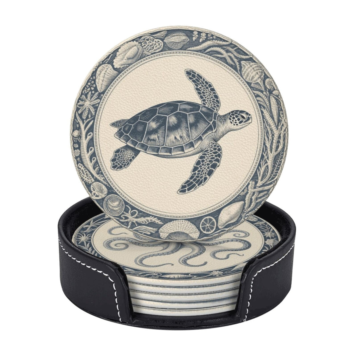 6 Pcs Nautical Ocean Drink Coasters with Holder Coasters for Drinks Coffee Table Home Decor Housewarming Gift