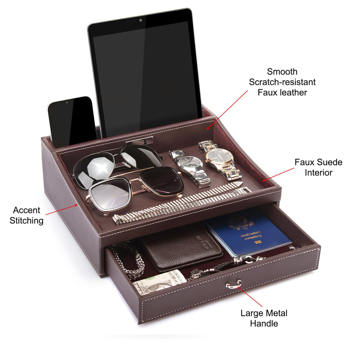 Baoyun Fathers Day Nightstand Organizer for Men, Mens Jewelry Box, Mens Dresser Organizer Countertop, Large Capacity Leather Valet Tray for Phones Pad Wallet Key Birthday Gifts for Men