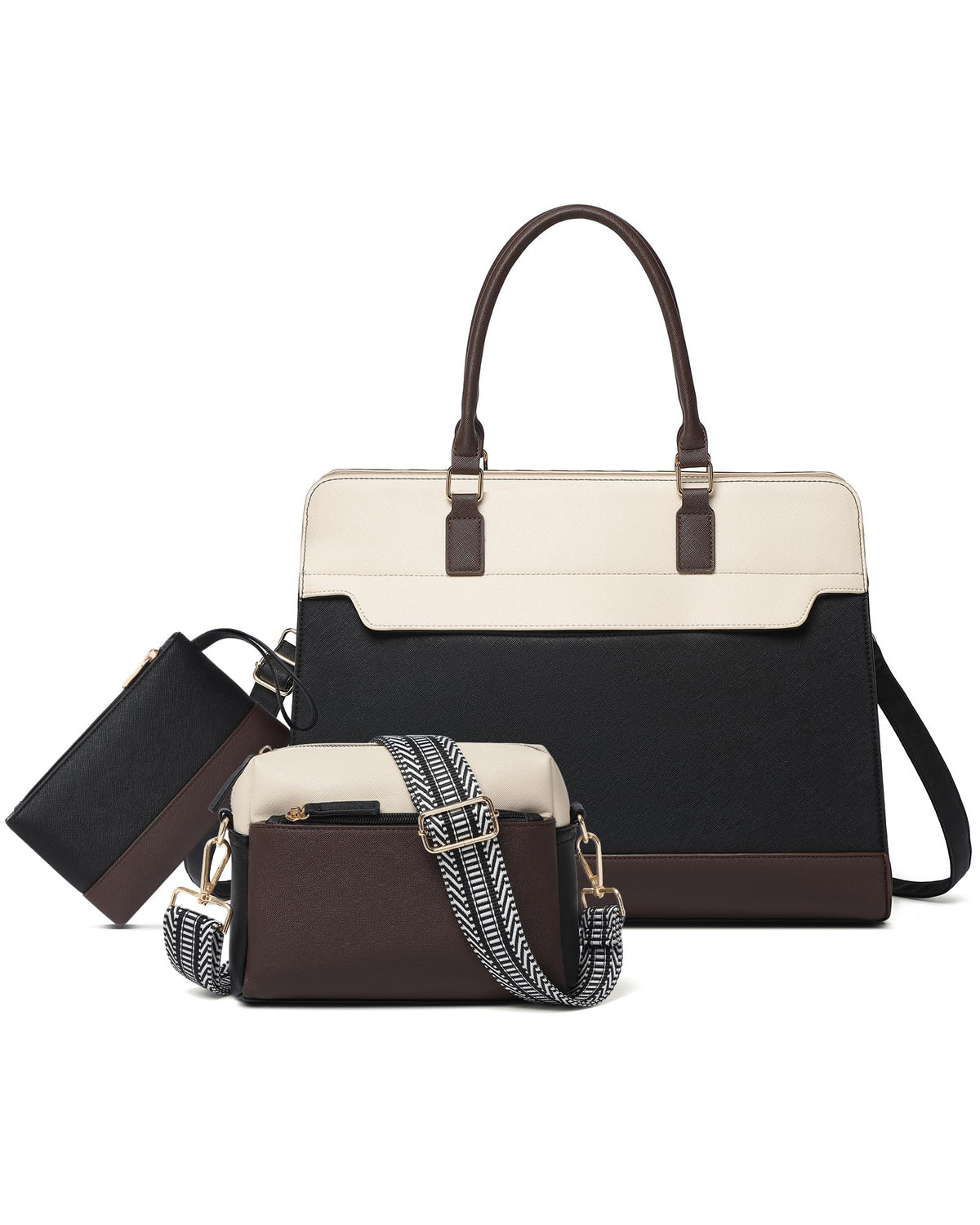 Laptop Bag for Women, 3PCS Vegan Leather Tote Bag for Work with 2 Shoulder Straps, Teacher Purse Office Handbag Computer Briefcase Gifts