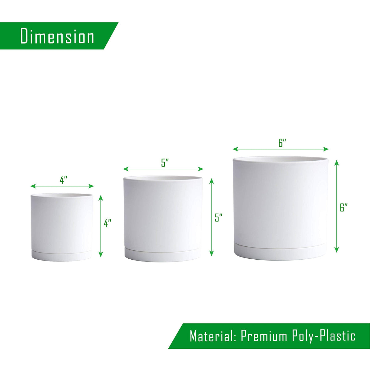 D'vine Dev 4 Inch 5 Inch 6 Inch, Set of 3 Plastic Planter Pots for Plants with Drainage Hole and Seamless Saucers, White Color, Small, 74-V-A-1