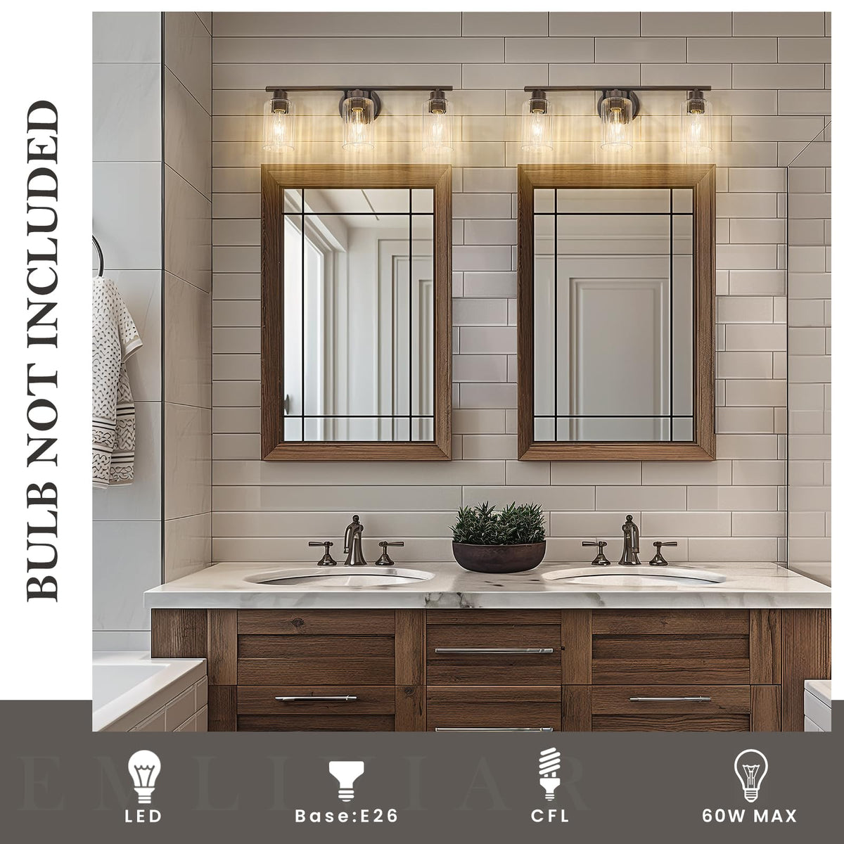 Emliviar 3-Light Vanity Light Fixture, Oil Rubbed Bronze, Fluted Ripple Glass, 23.5 Inch, Model YE295B-3W ORB