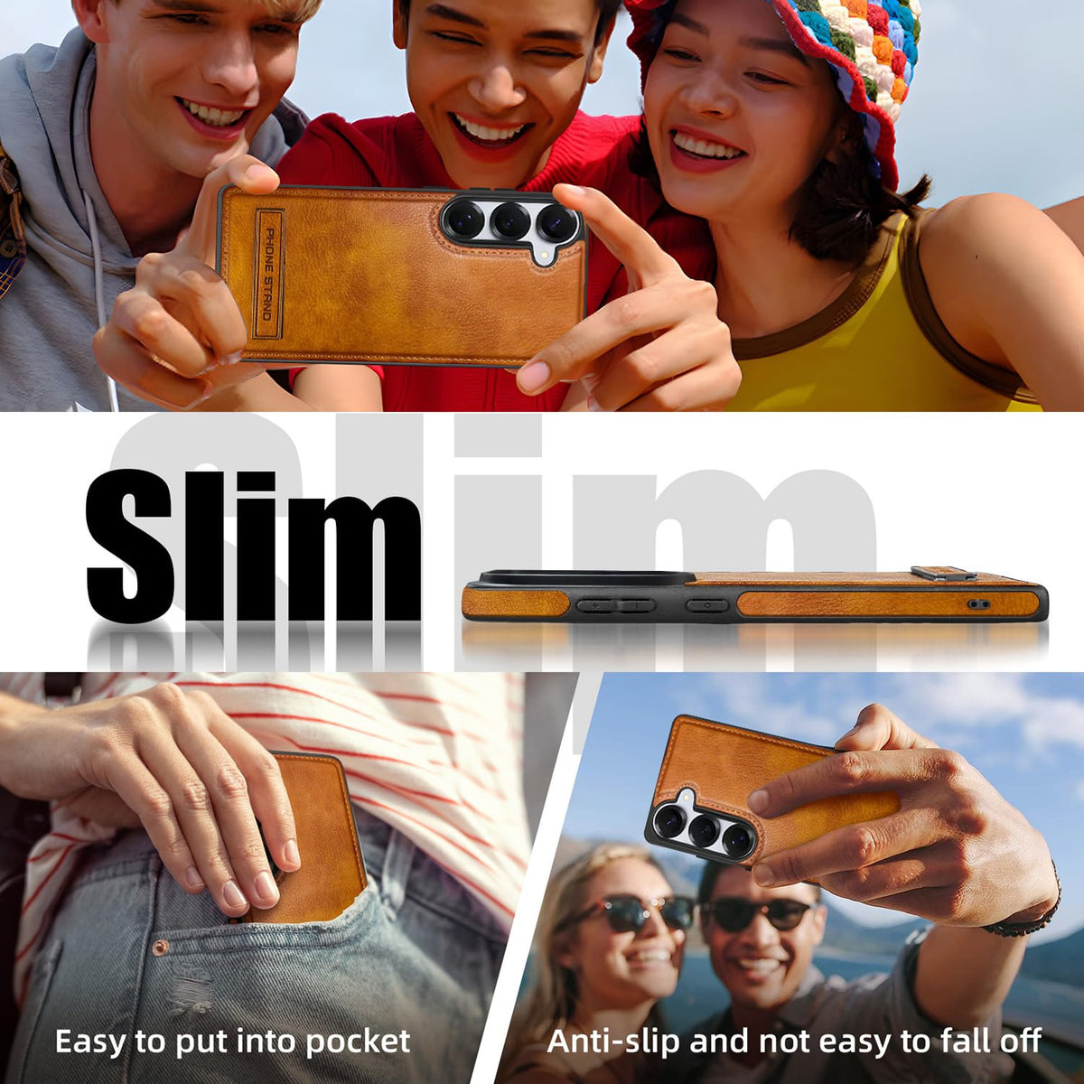 KSELF Leather Case with Stand for Samsung Galaxy S26 Case, Protective Soft Grip Luxury Cover for Men, Protective Slim Kickstand Shockproof Phone Cases Compatible with S26 6.3", Brown