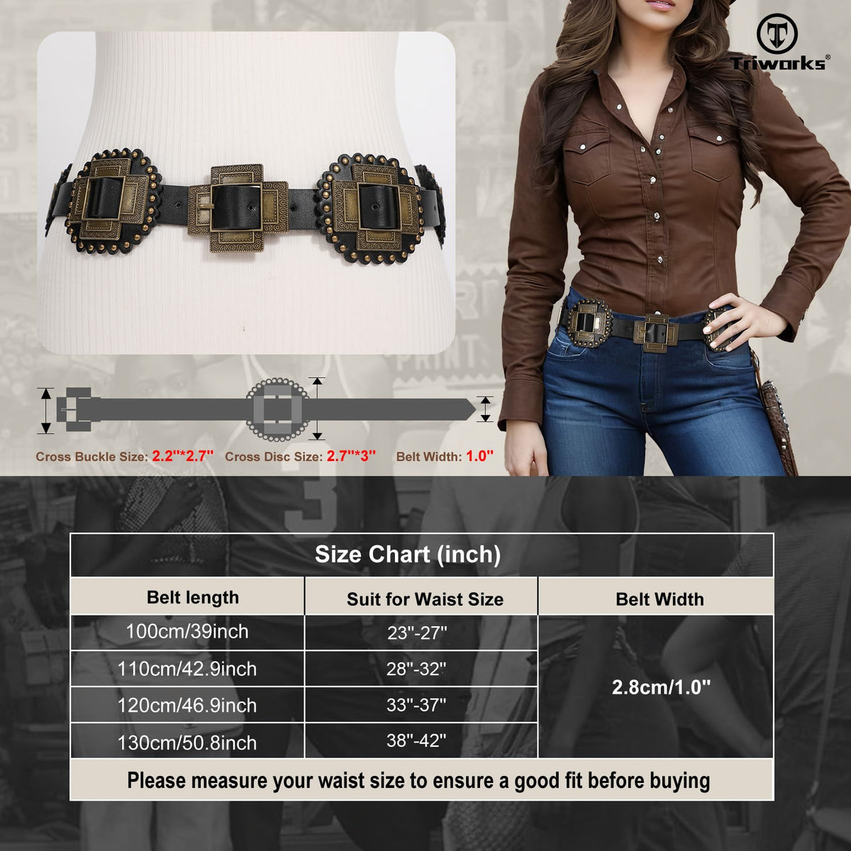TRIWORKS Women Western Concho Leather Belt Cowgirl Boho Belt Chunky for Dresses Concert Festival