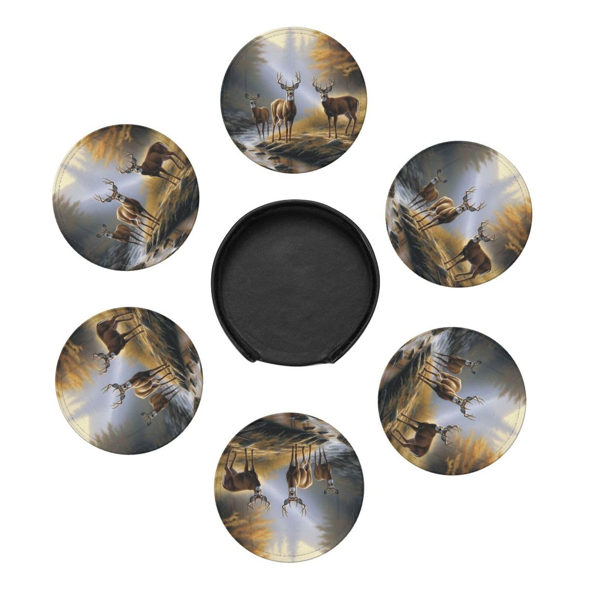 Animal World Wildlife River Edge Deers Drinks Coasters With Holder, Suitable For Kinds Of Cups, Set Of 6
