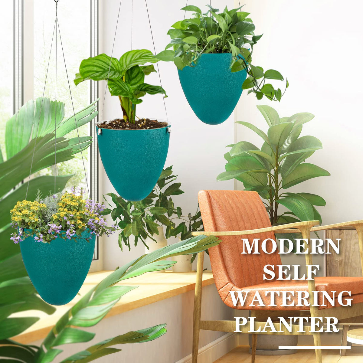 Sungmor Unique Eggshell Self Watering Hanging Planters, 3PC Modern Fashion Teal 7.2" Dia Large Waterself Hanging Pots for Plants, Indoor Outdoor Ceiling Hanging Baskets Flowerpot Wicking Planter Pots
