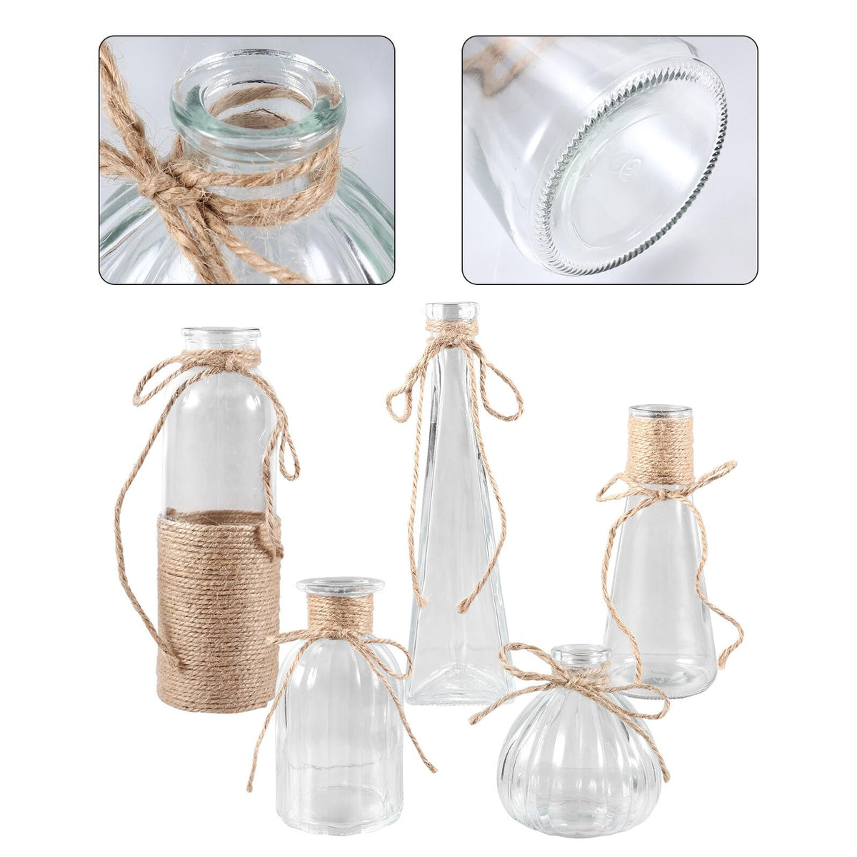 Cabilock 5pcs Glass Vases Set with Rope Design, Plant Terrarium Flower Arrangement Containers for Home Décor, Desktop Adornment, Includes Cone, Pumpkin, European Triangle Shapes