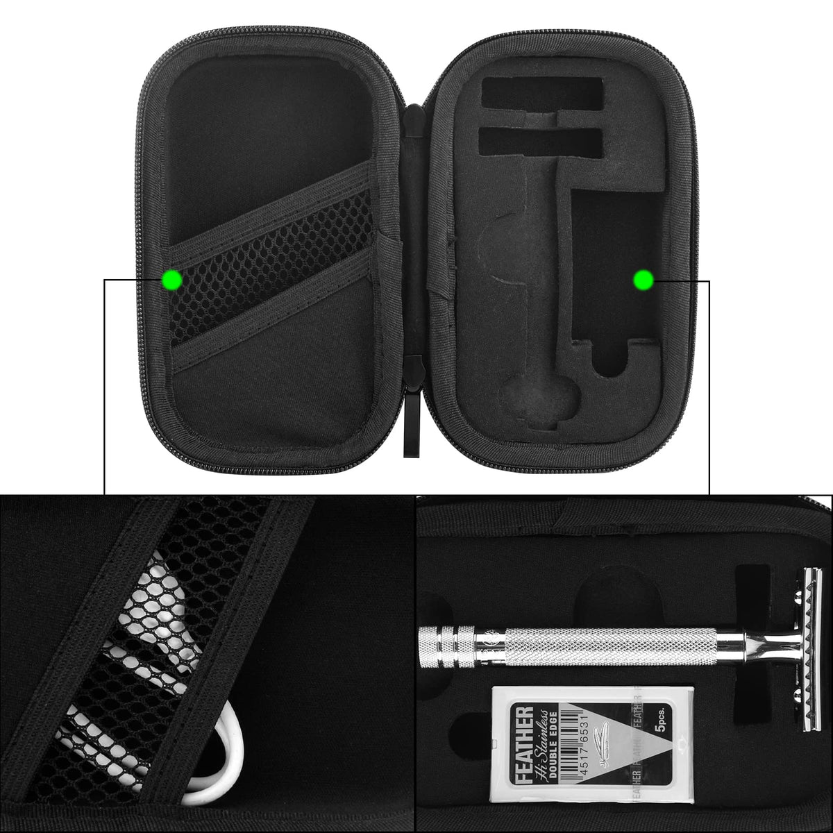 Linkidea Hard Travel Case Compatible with Vikings, Merkur, Shaving Revolution Double Edge Safety Razor, Storage Box Organizer for Safety Razor & Shaving Attachments (Lychee Vegan Leather), Black,
