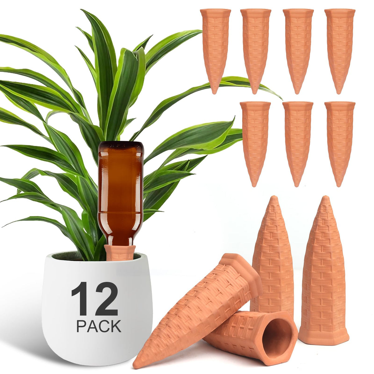 Baxrou Plant Self Watering Stakes 12 Pack Terracotta Watering Spikes for Indoor and Outdoor Plants,Wine Bottle Plant Watering Devices, Automatic Plant Waterers for Vacation