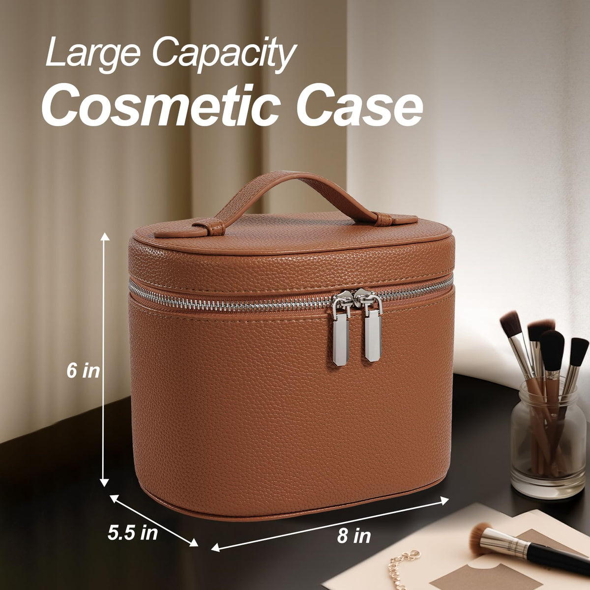 idoltimes Cosmetic Case, Leather Makeup Bag, Portable Handheld Makeup Case, Detachable Compartments