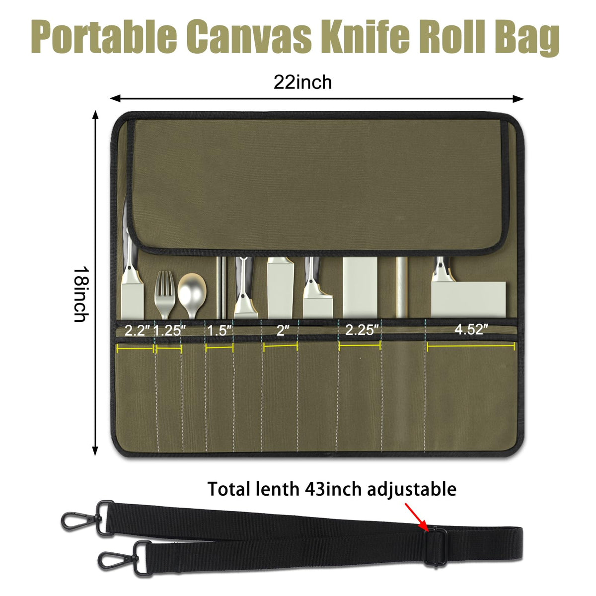 QIQU Army Green Chef Knife Bag With 20 Slots Cutlery Knives Holders Protectors, Home Kitchen Travel Cooking Tools, Portable Canvas Knife Roll Storage Bag Chef Case for Camping or Working