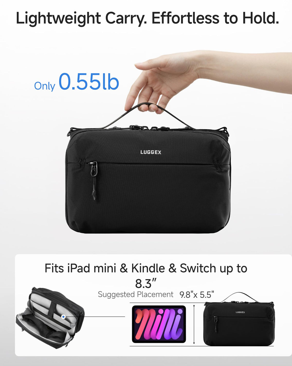 LUGGEX Large Tech Pouch, Cable Organizer Bag with Removable Crossbody Strap, Dual Accessories Bag & Water Resistant for Kindle, Chargers, Cord, Earphone for Travel Office All-in-One, Black