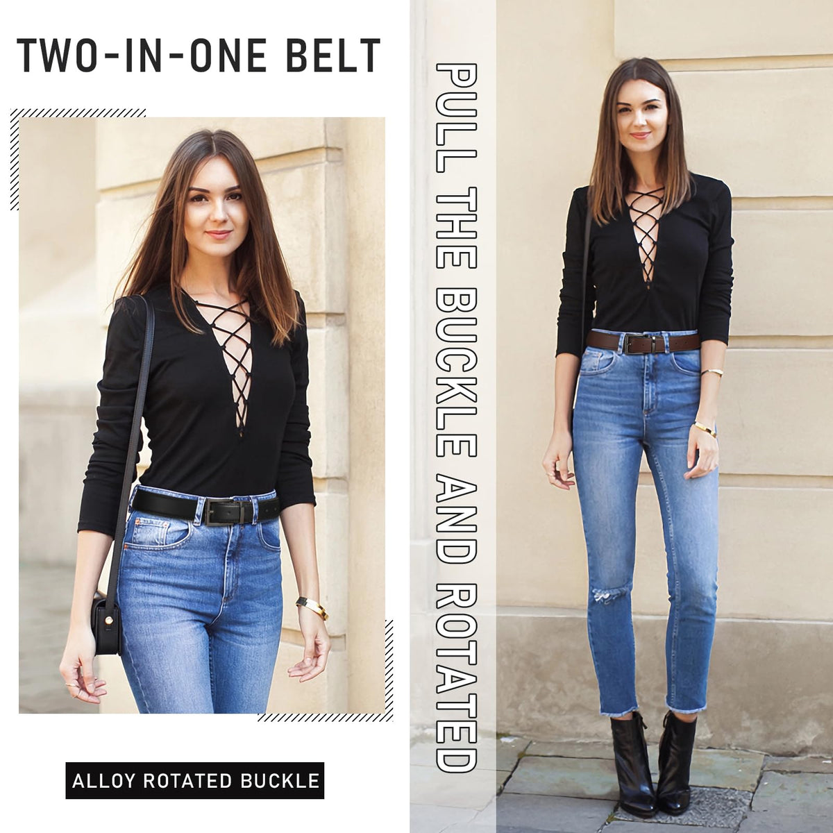 AWAYTR Reversible Leather Belt for Women - Two Color-in-One Belt for Jeans Dress Women Men Belt with Rotated Buckle(Coffee/Black with Gun Color Buckle 25in-31in)