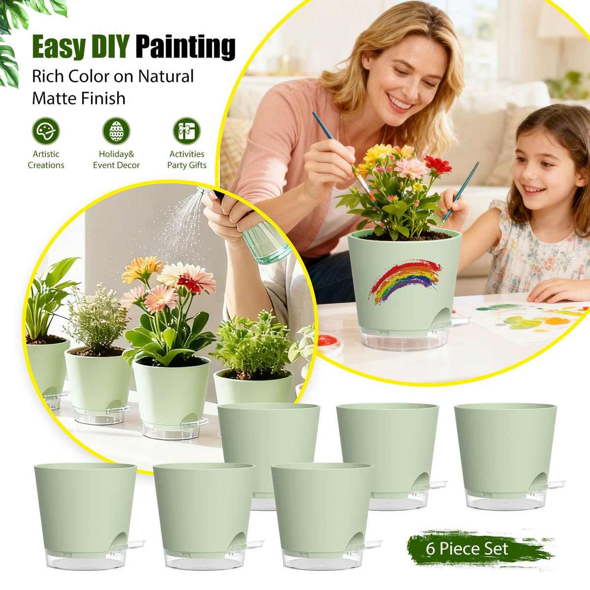 SQKH Plant Pots 6 Inch Self Watering Pots,6 Pack Plastic Planters with Drainage Holes and Clear Saucers,Plastic Flower Pots,Nursery Planting Pot for Indoor Out Door Plants (Green)