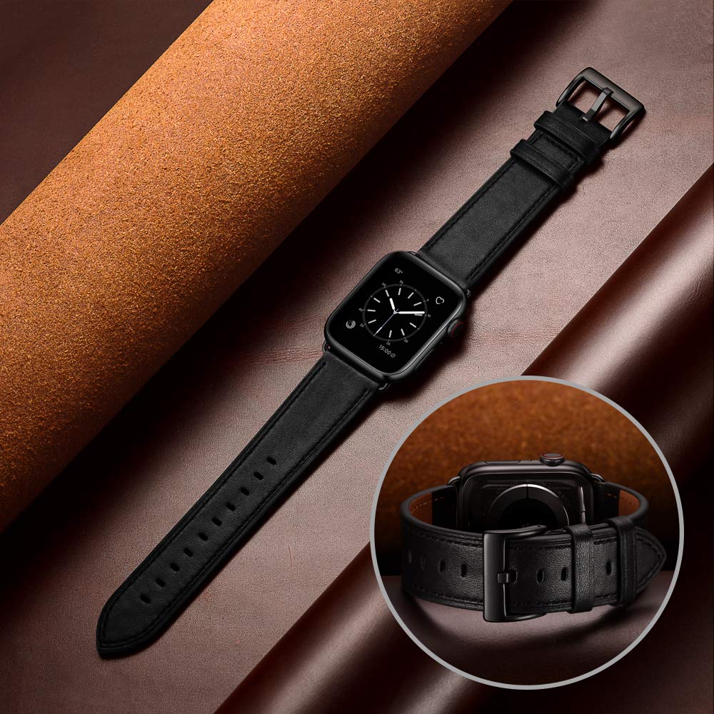 OUHENG Leather Bands Compatible with Apple Watch Band 49mm/46mm/45mm/44mm/42mm, Genuine Leather Strap Compatible with iWatch Ultra 3/2/1 & Series 11/10/9/8/7/6/5/4/3/2/1 & SE3 SE2 SE, Black/Black
