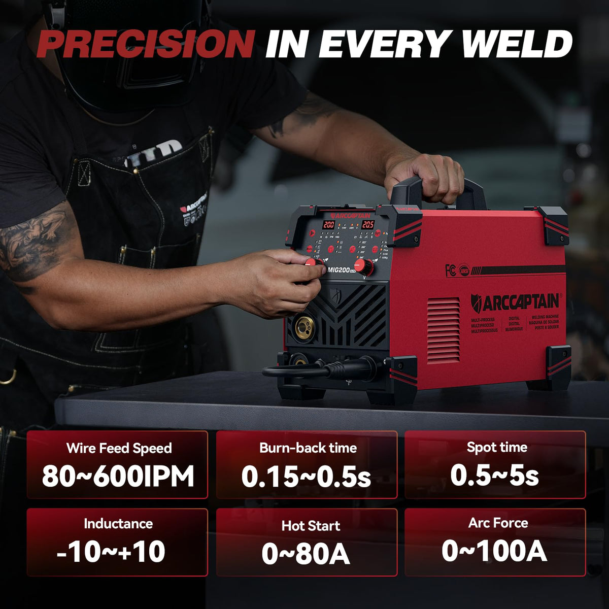 ARCCAPTAIN MIG Welder 200A, Upgraded 6 IN 1 Welding Machine 110V/220V Flux Core MIG/Gas MIG/Lift TIG/Stick Welding/Spool Gun MIG/Spot Multiprocess Welder with Synergy, Burn Back Adjustment, Inductance