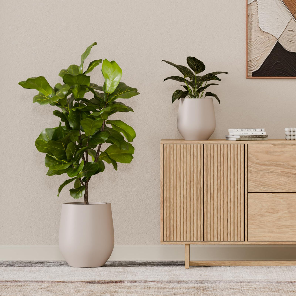 KUTE NEST 12.5" H x 11.4" D Premium Corso Fiberstone Round Tapered Planter with Drainage Hole, Weather Resistant for Indoor and Outdoor Use, Included 2 Extra Coco Mats (Taupe, 9" Pot Opening)