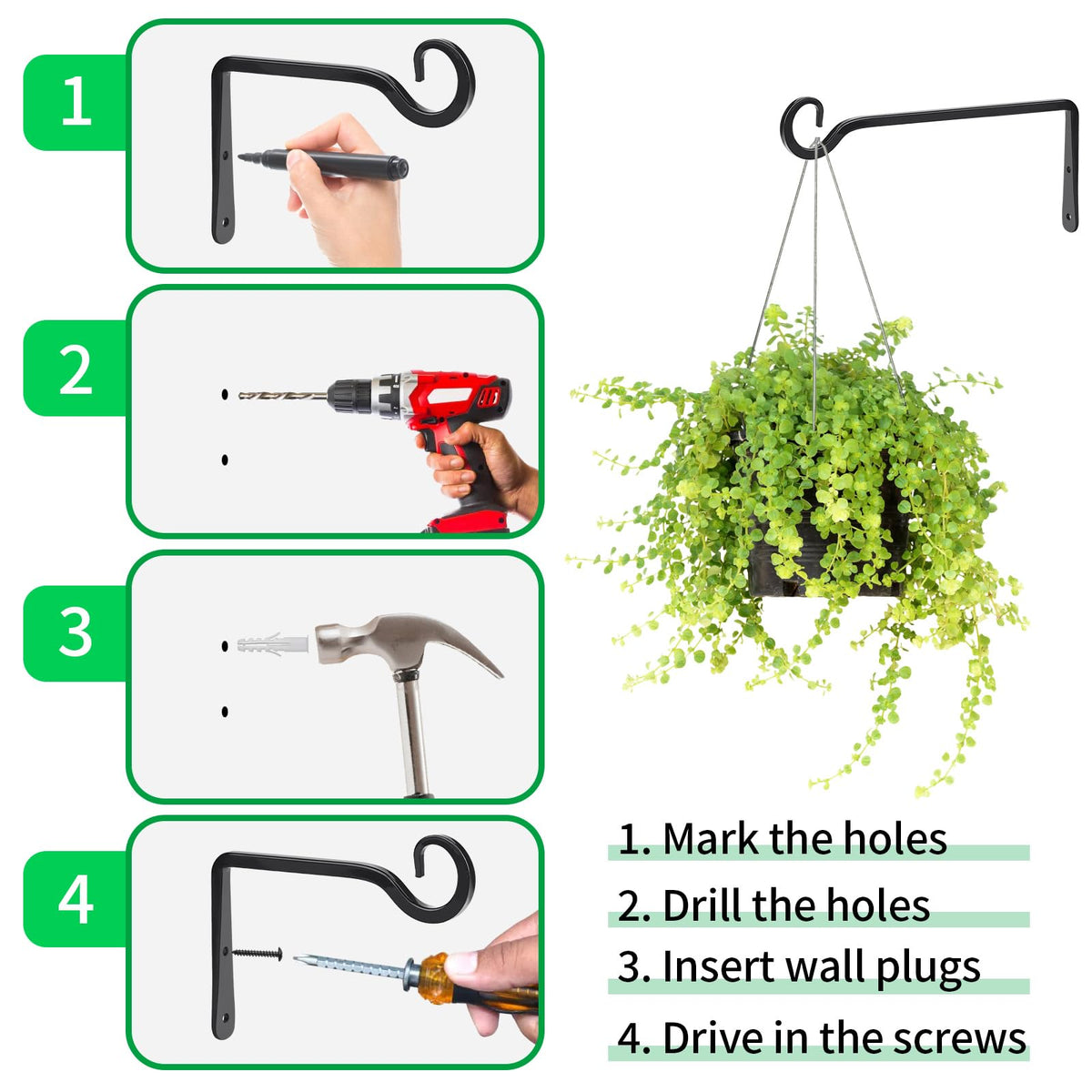 MOWPOG Metal Hanging Plant Hooks, 2 Pack 10 Inch Wall Hooks for Hanging Plants, Bird Feeder, Flower Basket, Wind Chimes, Indoor Outdoor (Black)