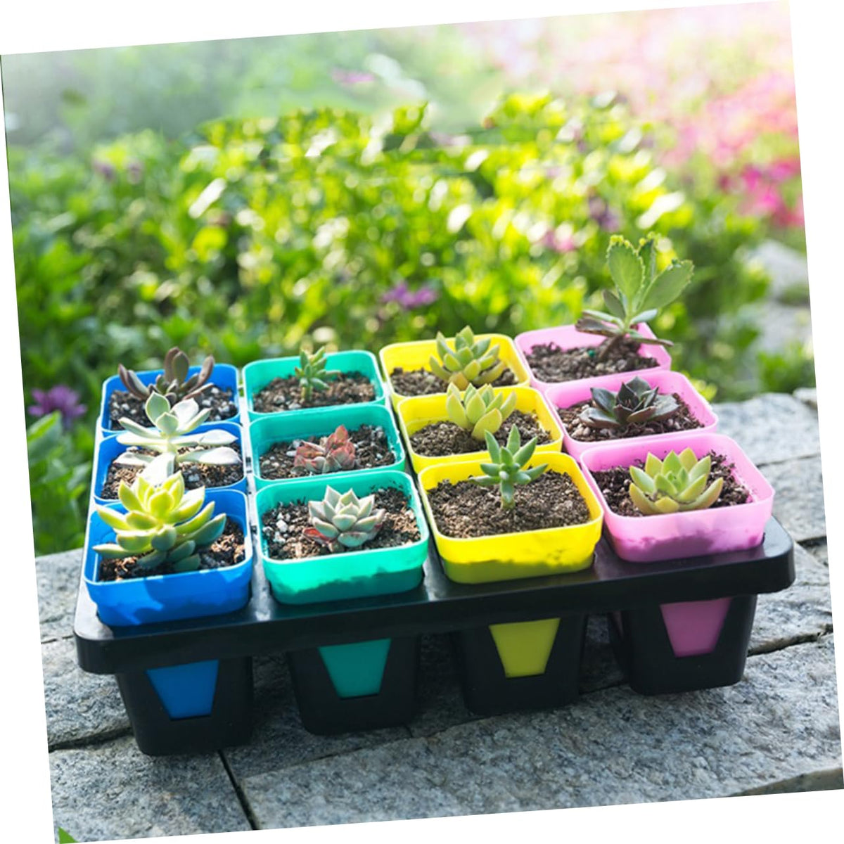 MERRYHAPY 3pcs Plastic Flowerpot Tray with Compartments Breathable Water-Storing Succulent Holder Bracket for Indoor Plants Planter Support Black