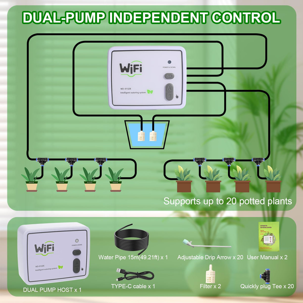 Smart WiFi Drip Irrigation System,Dual Channel Automatic Watering Kit for 20 Potted Plants,Compatible with Alexa/Google Home,Timer with App Control,20 Adjustable Emitters & 15M Hose for Indoor Garden