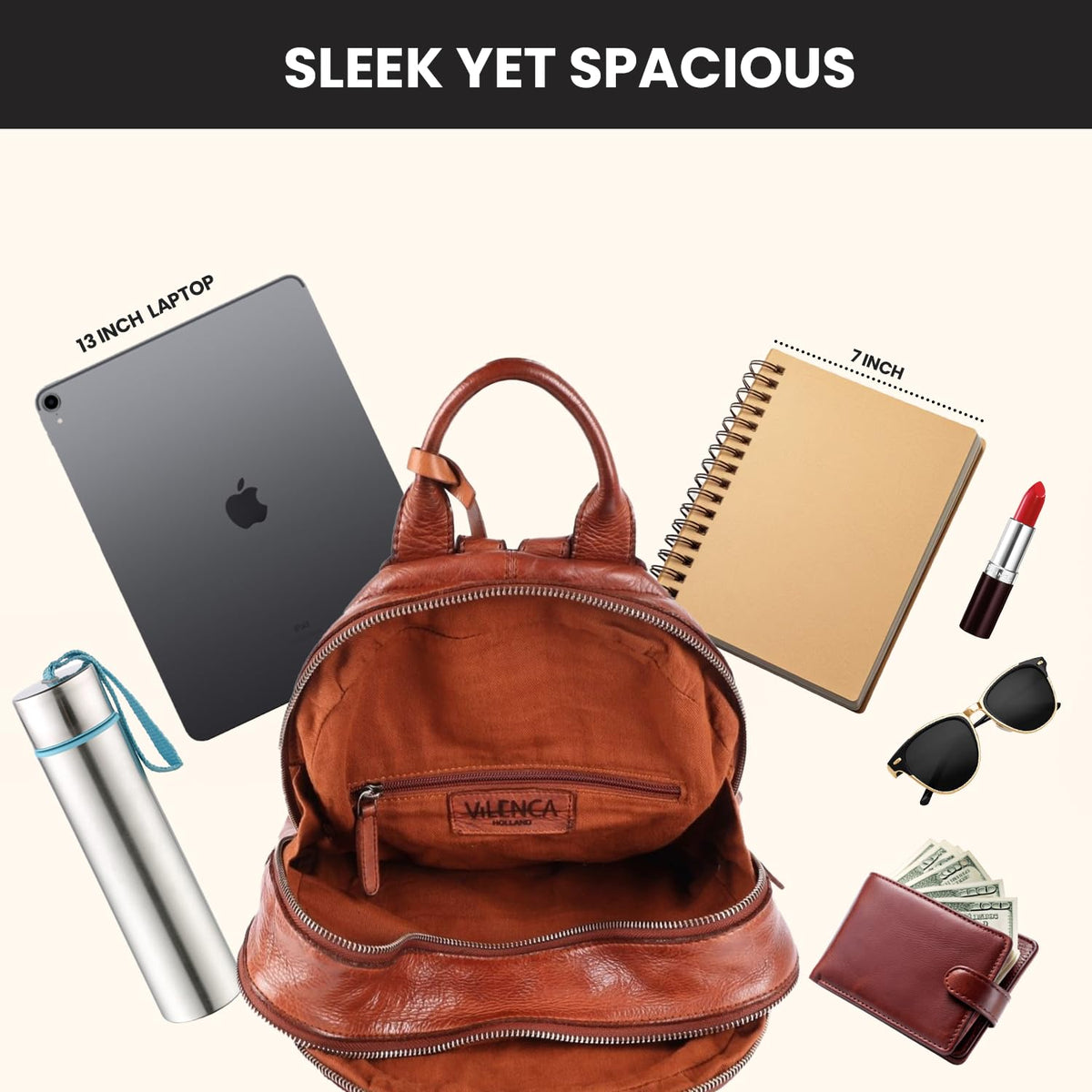 VILENCA HOLLAND Genuine Leather Backpack for Men, Casual Backpack for Women Office Bag with Adjustable Shoulder Strap (VL-054-COGNAC)