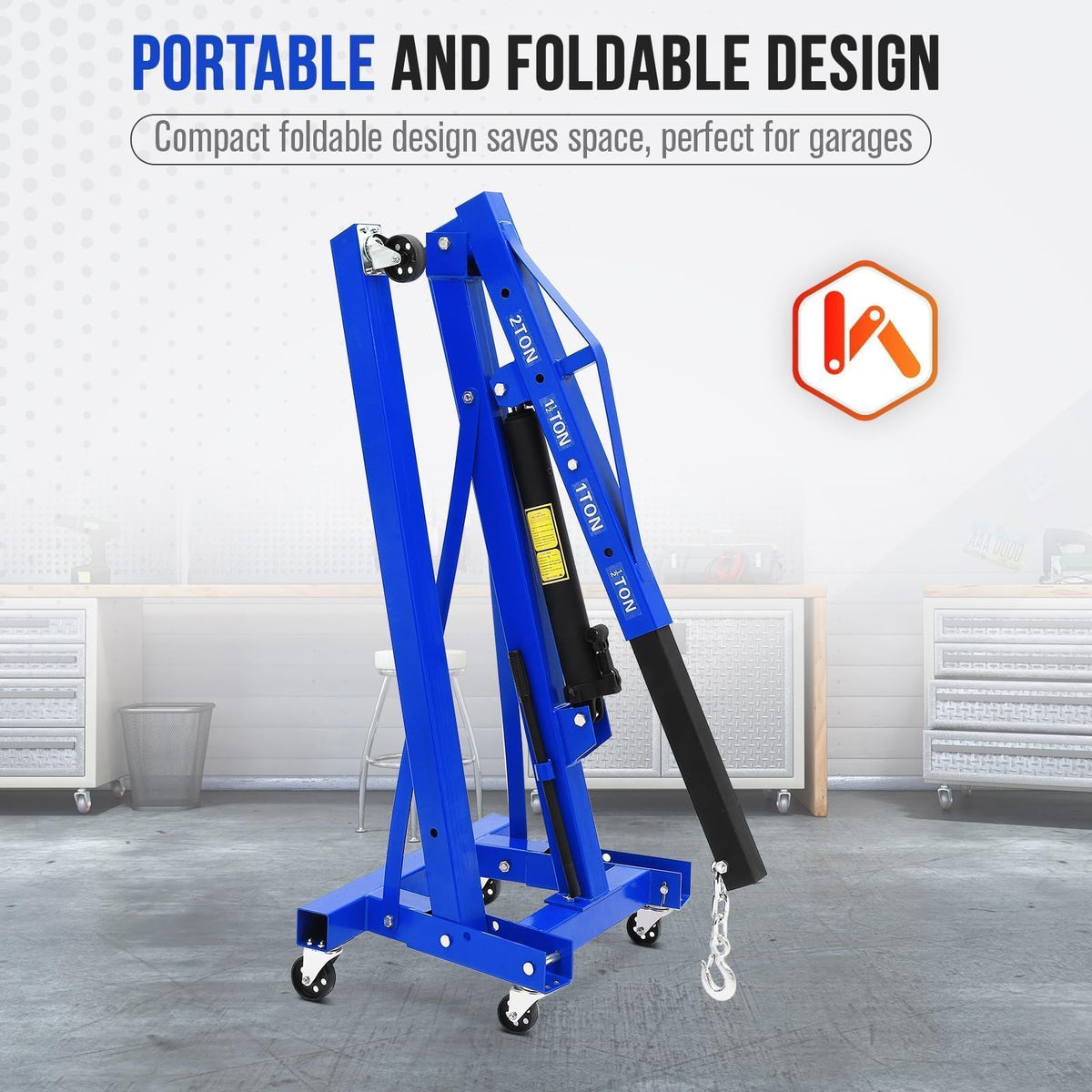Foldable Engine Hoist, 2 Ton (4000 LB) Hydraulic Cherry Picker, Steel Mobile Load Lifter with 6 Wheels and Telescopic Boom, for Shop Crane, Garage, Workshop, Auto Repair, Heavy-Duty, Blue