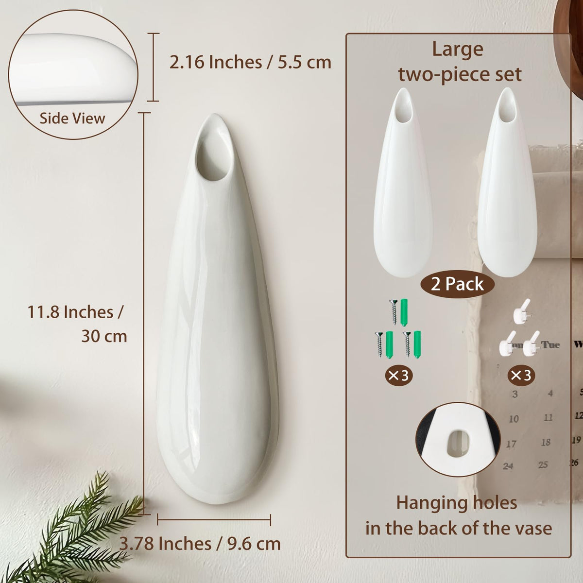 2 Pack White Ceramic Wall Vases,11.8 Inch Wall Hanging Plant Holder,Cubicle Modern Decor Plant Holder Vase for Indoor Plants, Hanging Propagation Flower Pots for Air Vases