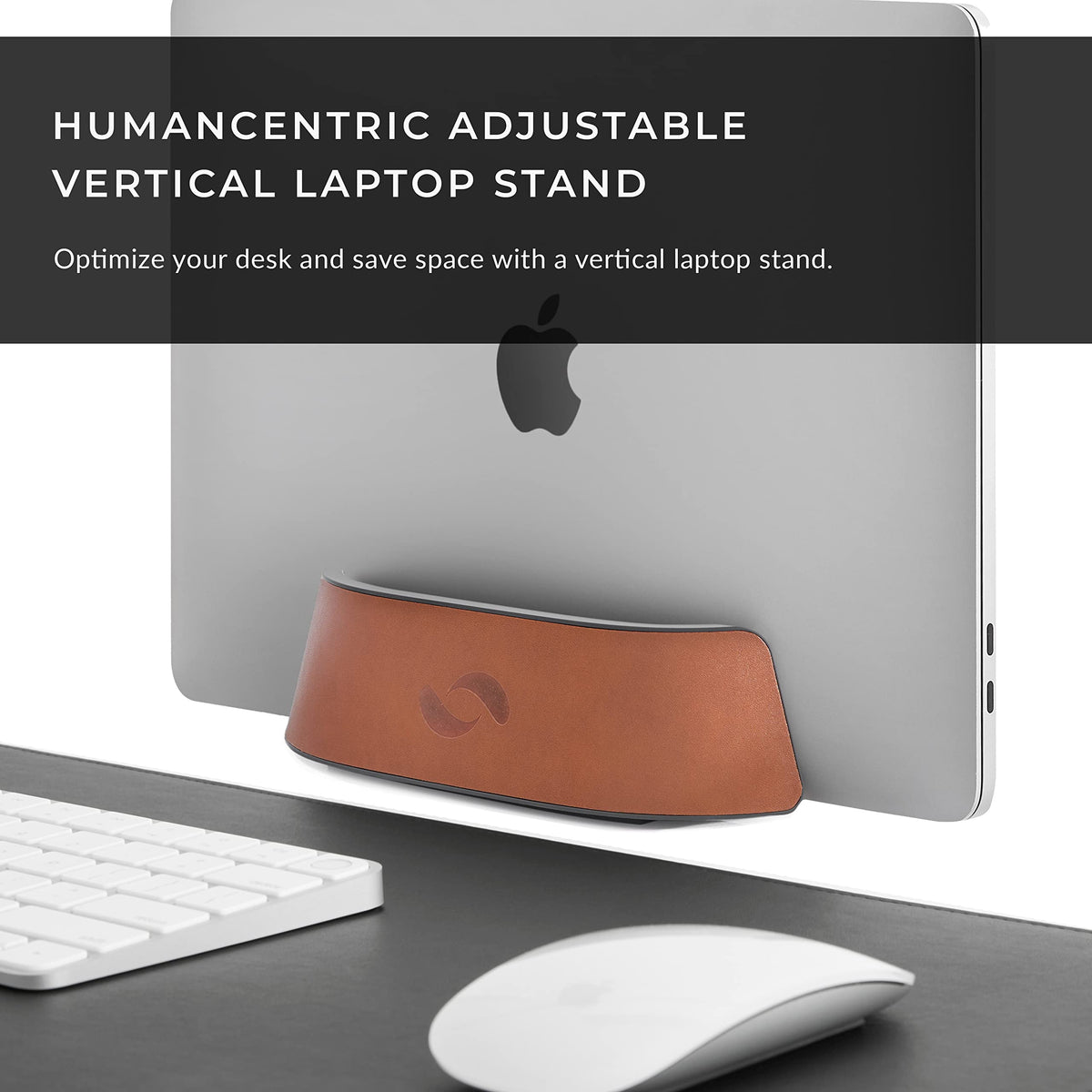 HumanCentric Vertical Laptop Stand in Vegan Cognac Leather, Upright Adjustable Holder and Dock, Laptop Vertical Stand Fits MacBook Pro and Other Laptops .5" to 1.5", Clamshell Compatible