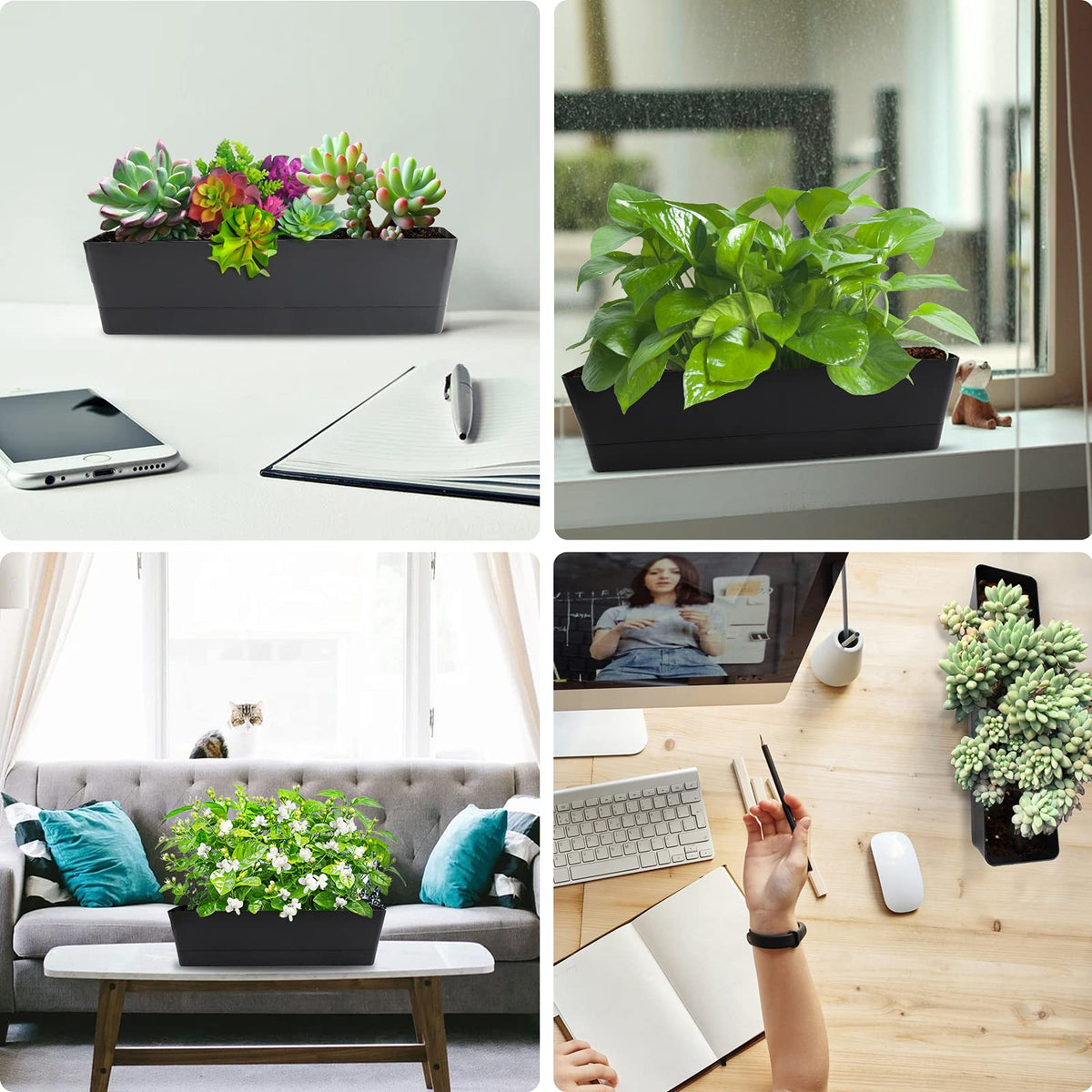 GREANER Window Boxes Planters with 100PCS 6inch White Plant Label, 3PCS 16x3.8 Inch Black Rectangle Planters Box with Drainage Holes and Trays, Herb Succulents Flowers Plastic Pot for Windowsill, Gard
