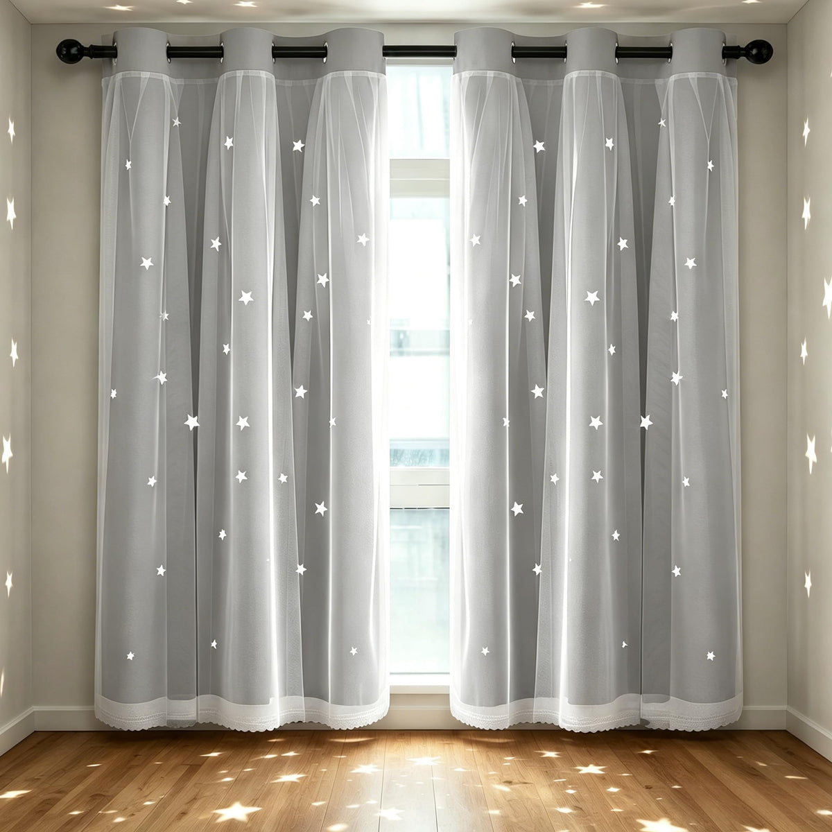 Kinryb 63" Long Star Cut-Out Blackout Curtains 2 Layer Thermal Insulated Overlay Kids Curtains Noise Reducing Drape for Living Room/Bedroom 42" W x 63" L Silver Grey 2 Panels