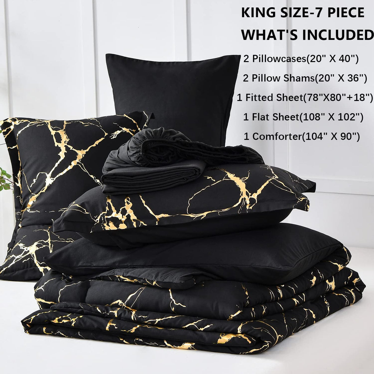 Yogeneg Gold Metallic Marble King Size Comforter Set,7 Piece Bed in a Bag,Foil Print Glitter Black Comforter and Sheet Set,All Season Soft Microfiber Complete Bedding Sets(Black,King)