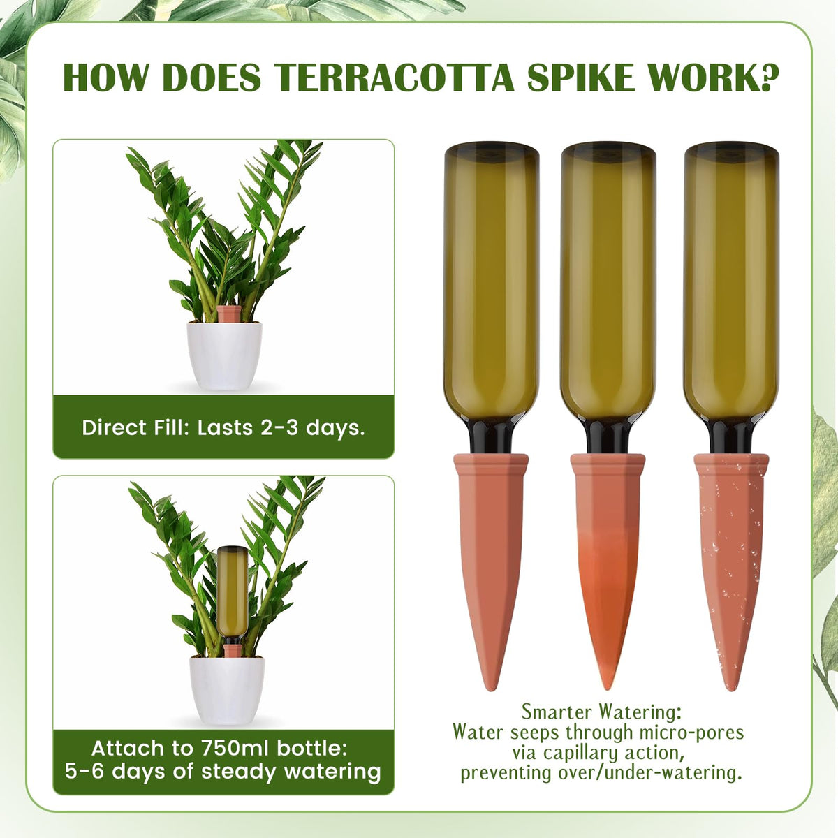 SHENGYIWA 12 Pcs Self Watering Spikes for Plants Terracotta Automatic Plant Waterer Stakes with(25.5 Oz) Plastic PET Bottles, 6 Set Self Watering Globes Keep Plants Watered for 7-9 Days (6, Green)