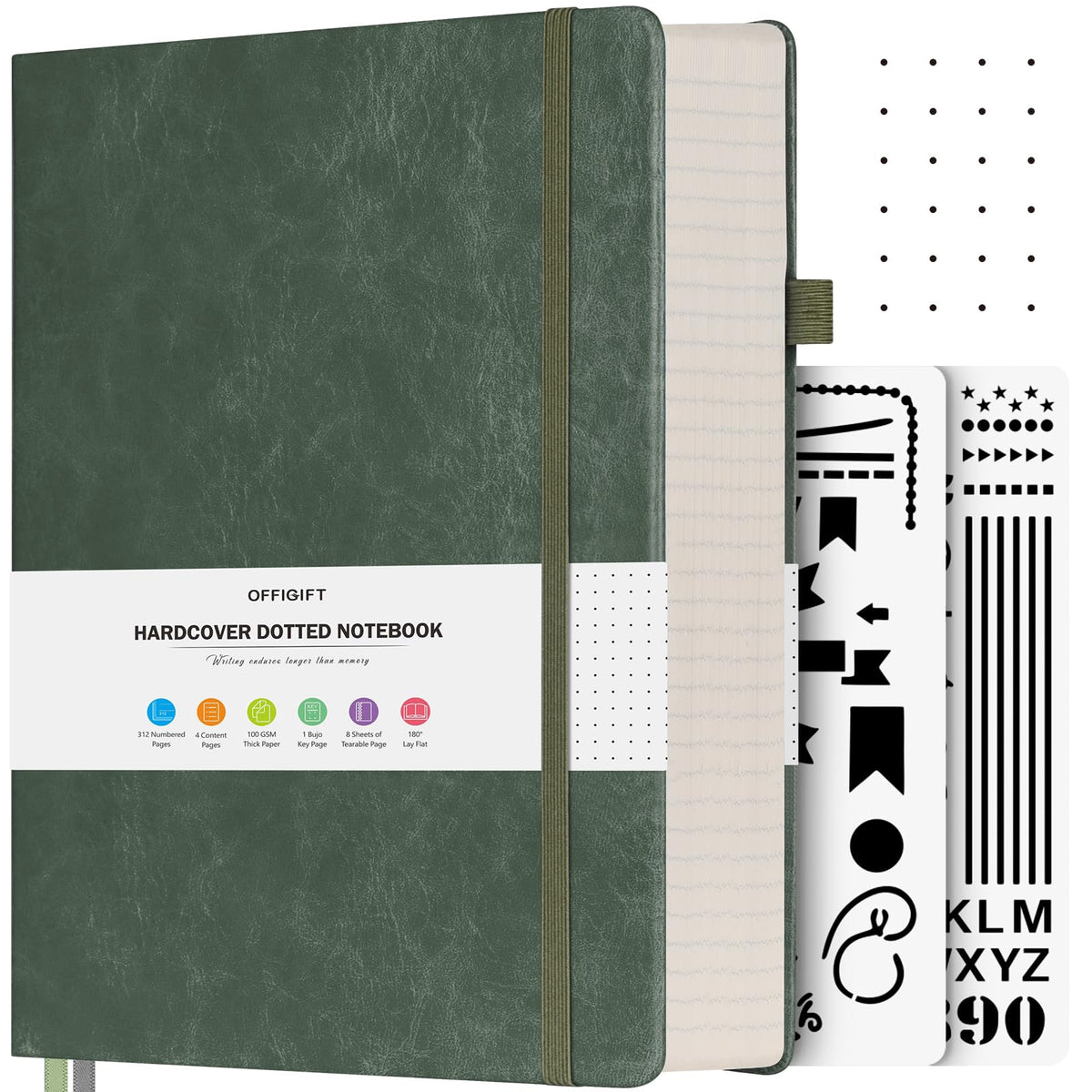 OFFIGIFT Dotted Journal Notebook, 312 Numbered Pages Large B5 Hardcover Leather Notebook, 100gsm No Bleed Paper Dot Grid Notebook with Index Pages, Dot Journal for Women Men, 7.6'' X 10'', Green