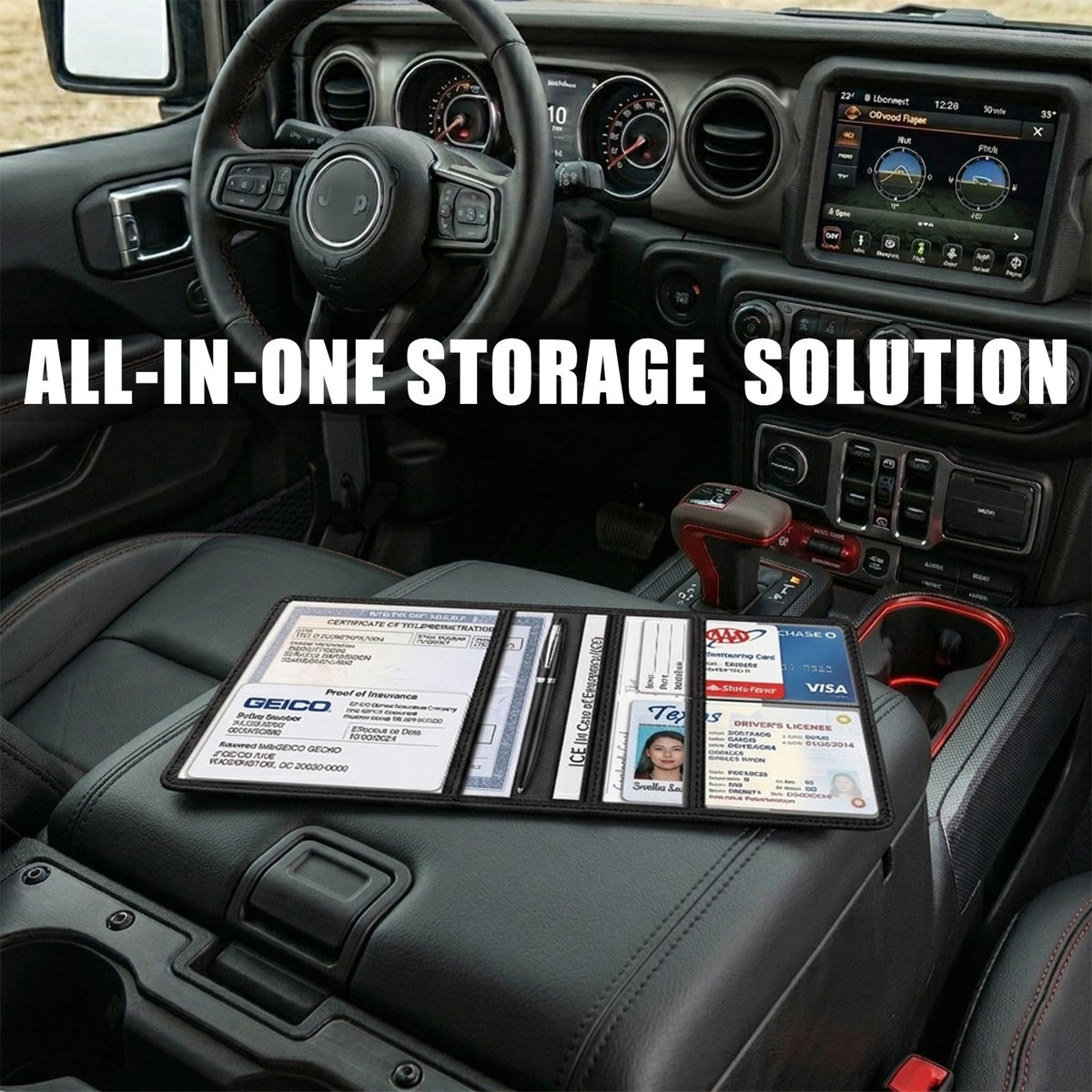 ATBUSTERA Car Registration and Insurance Card Holder for Wrangler JL JLU JK JKU 4XE, Premium Leather Glove Box Organizer, Vehicle Document Wallet for Wrangler Accessories 2007-2026